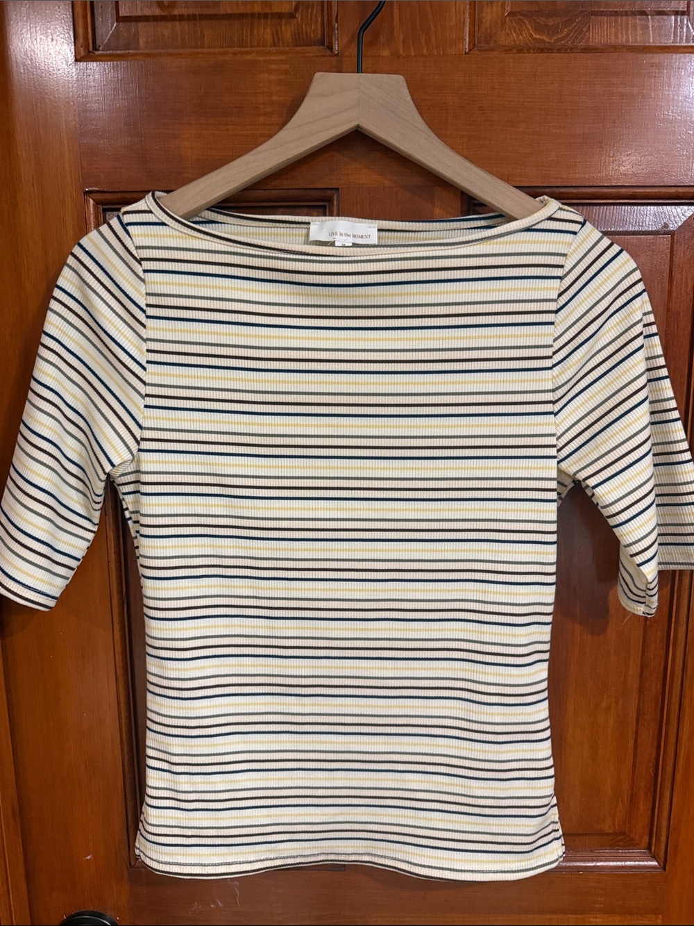 Striped Ribbed Boatneck Top in Cream and Navy
